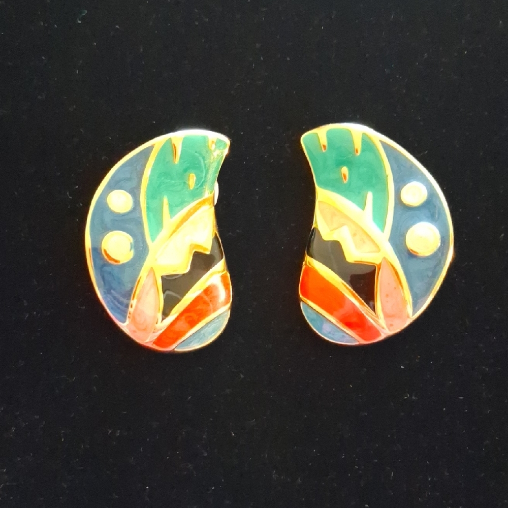 Beautiful Vintage Enamel Fernando Originals Southwestern Clip-on Earrings